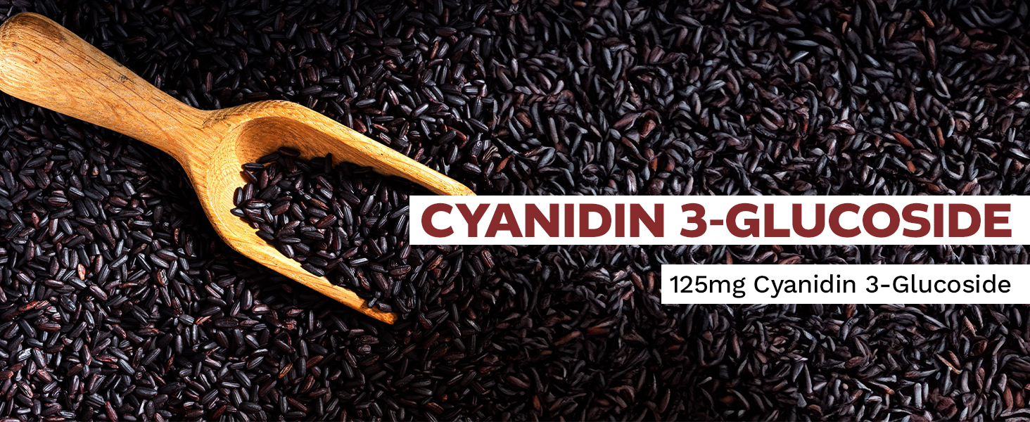 Wooden scoop resting on a bed of black rice grains, highlighting Cyanidin 3-Glucoside with text overlay stating '125mg Cyanidin 3-Glucoside.