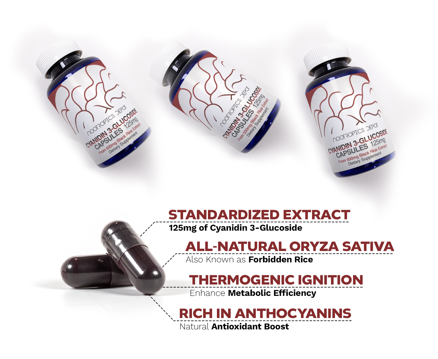 Three bottles of Nootropics Depot Cyanidin 3-Glucoside capsules with two capsules displayed, highlighting key benefits like antioxidant boost and metabolic efficiency.
