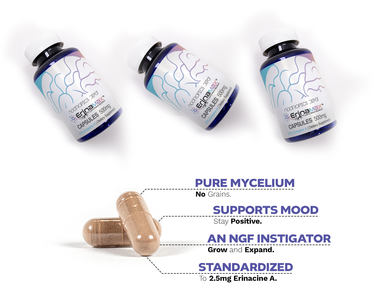 Nootropics Depot ErinaMax 500mg capsules in blue bottles alongside close-up of capsules, highlighting pure mycelium, mood support, NGF instigation, and standardization to 2.5mg Erinacine A.