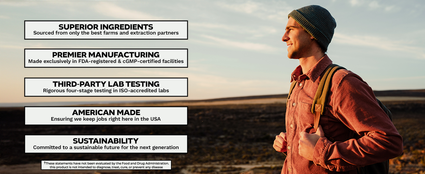 Man wearing a red shirt and green backpack standing in an open landscape at sunset, next to text highlighting Nootropics Depot's commitment to superior ingredients, premier manufacturing, third-party lab testing, American-made products, and sustainability.