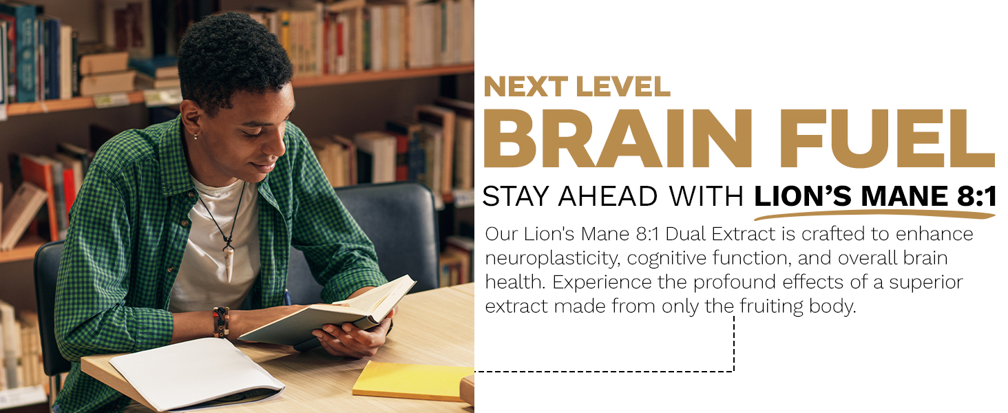 Student reading a book in a library with promotional text highlighting Lion's Mane 8:1 extract for cognitive enhancement and brain health.