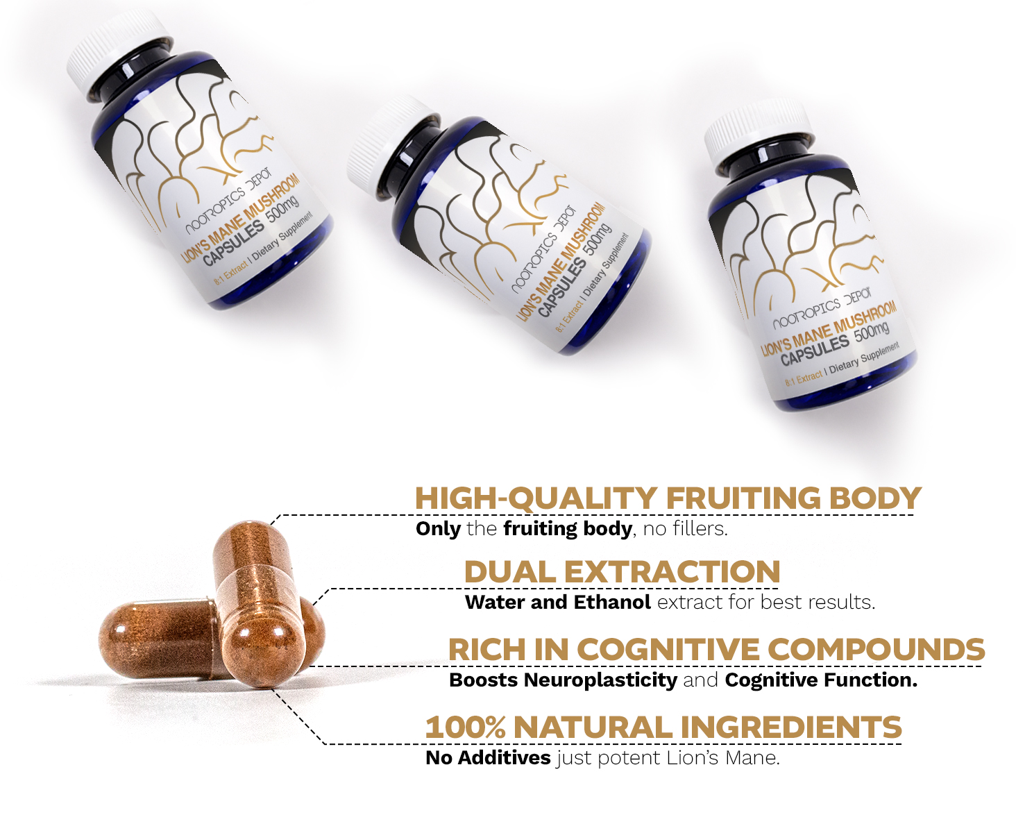 Three bottles of Nootropics Depot Lion's Mane Mushroom capsules with close-up of capsules and text highlighting benefits like dual extraction and cognitive support.