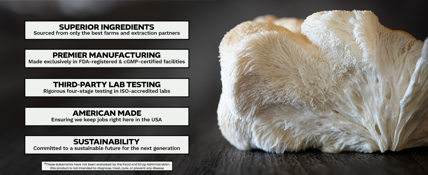 Lion's Mane mushroom with text emphasizing superior ingredients, premier manufacturing, third-party lab testing, American-made, and sustainability.