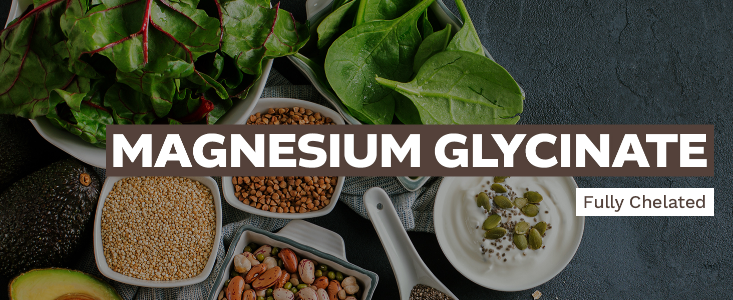 Magnesium Glycinate Fully Chelated text overlay on a background of nutrient-rich foods, including leafy greens, avocado, seeds, beans, and yogurt.