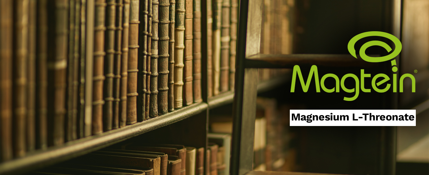 Magtein logo in bright green displayed against blurred vintage library bookshelf background with Magnesium L-Threonate text overlay