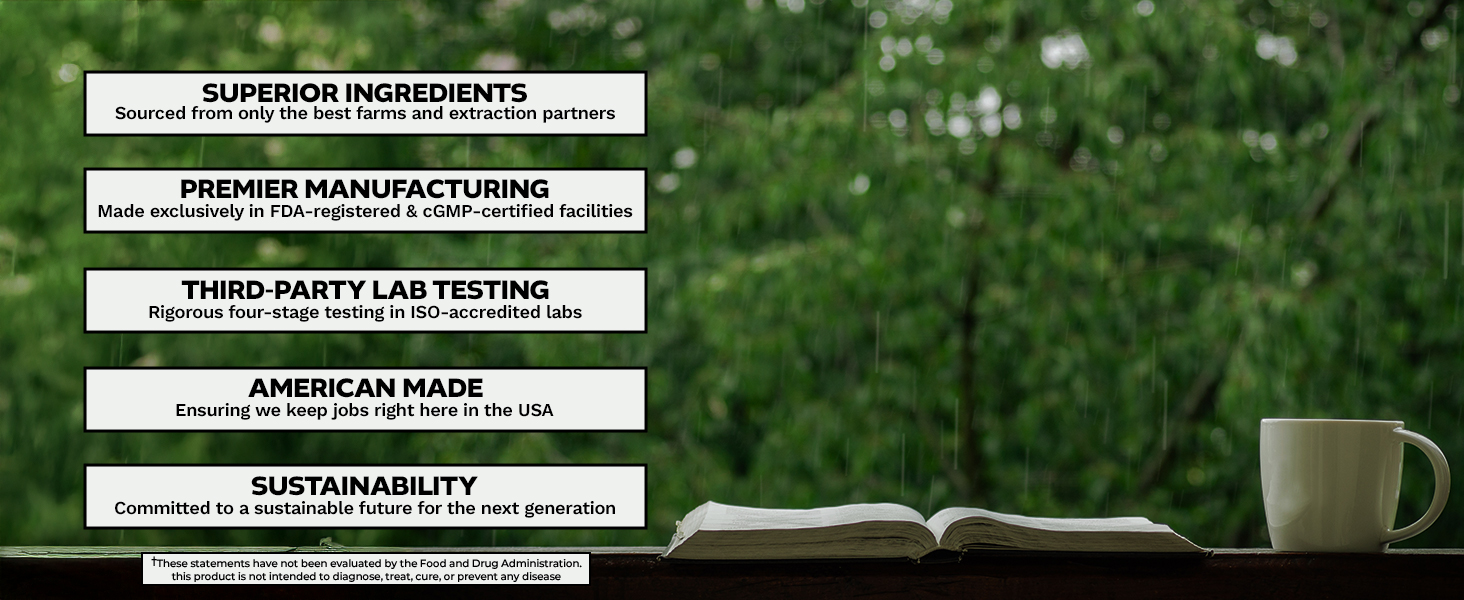 Nootropics Depot quality assurance infographic showing Superior Ingredients, Premier Manufacturing, Third-Party Lab Testing, American Made, and Sustainability commitments against green field landscape