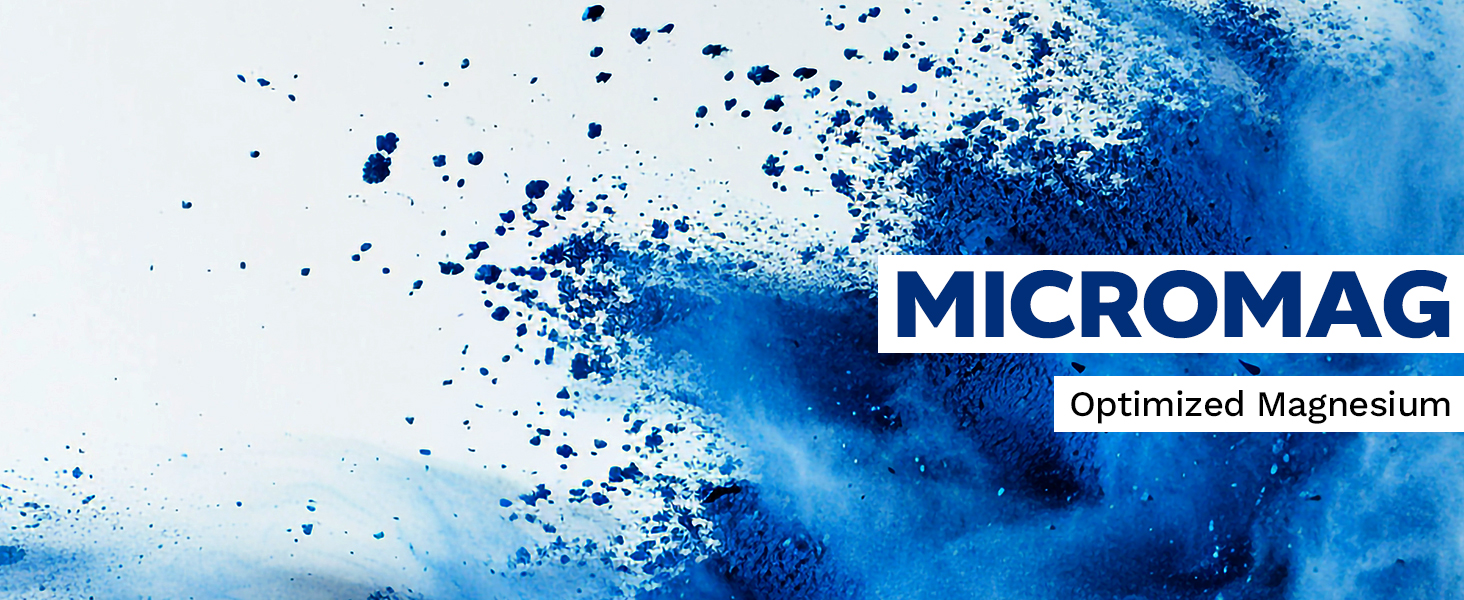 Dynamic blue powder splash pattern with MICROMAG Optimized Magnesium text overlay against white background