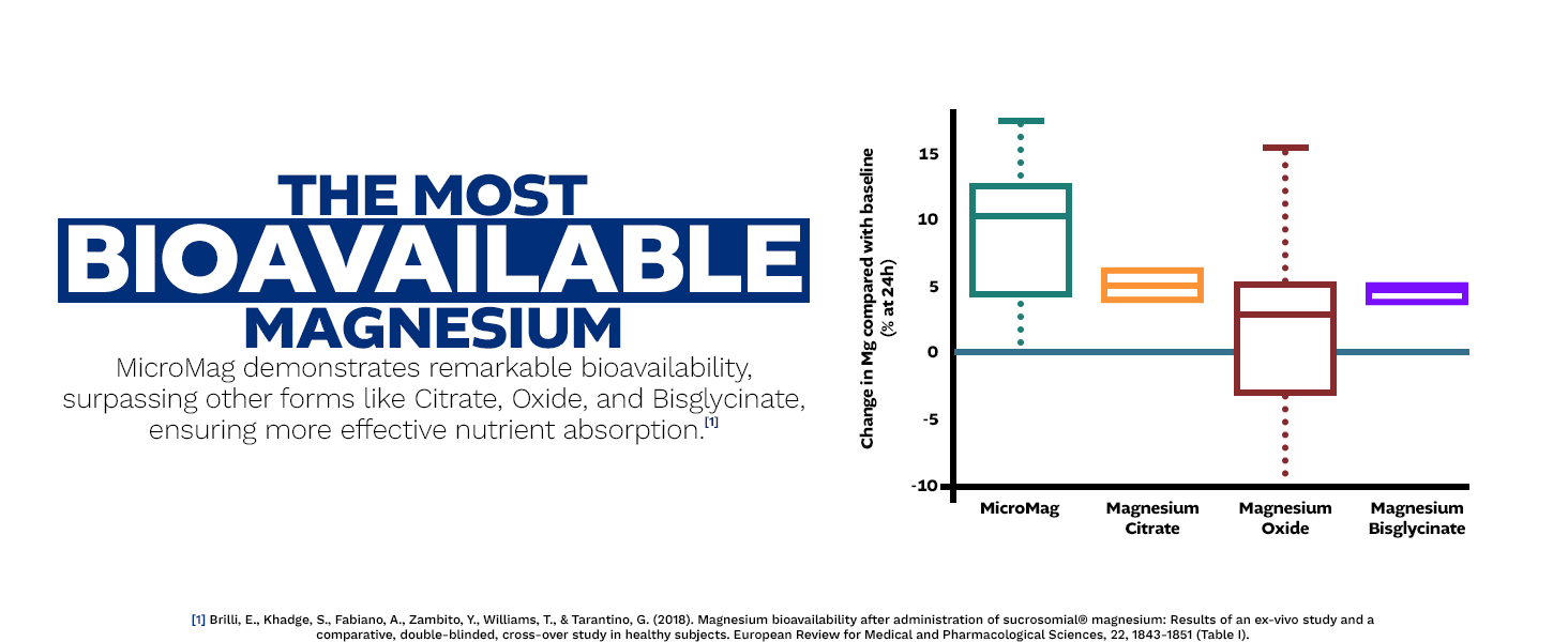 Graph comparing MicroMag magnesium bioavailability against other magnesium forms, showing superior absorption rates with scientific data visualization