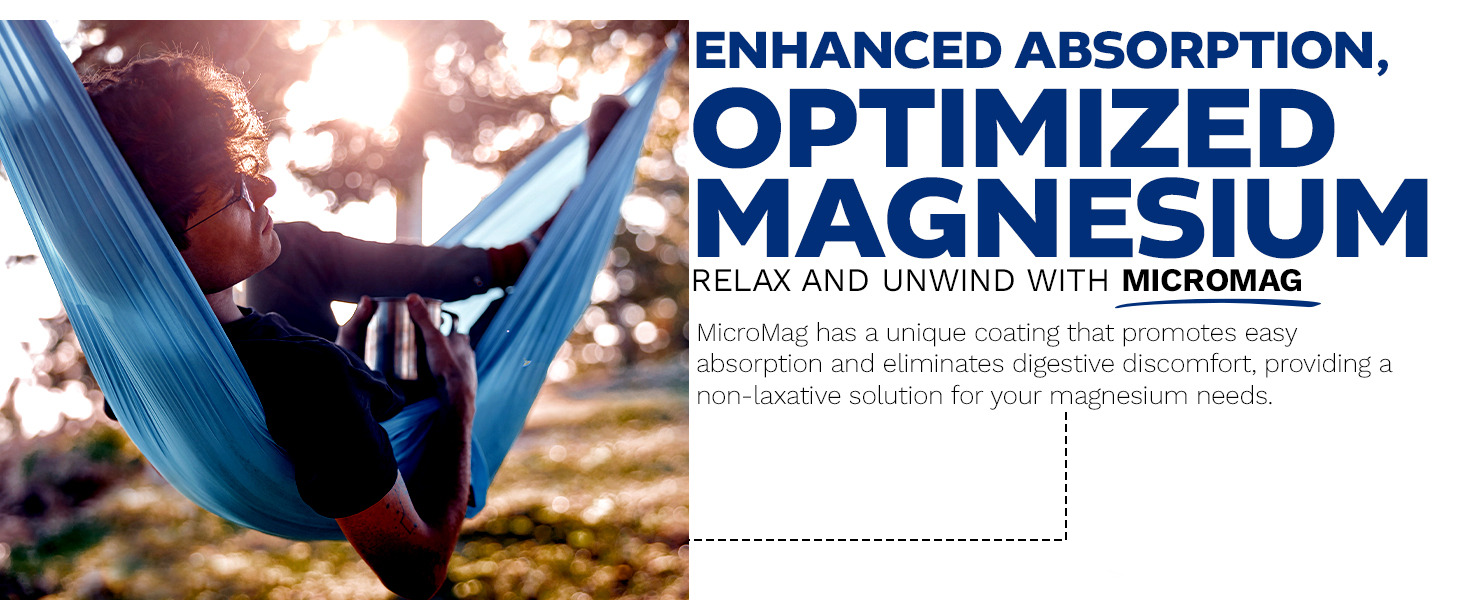 Blue hammock in sunlit outdoor setting promoting MicroMag enhanced absorption magnesium supplement for relaxation