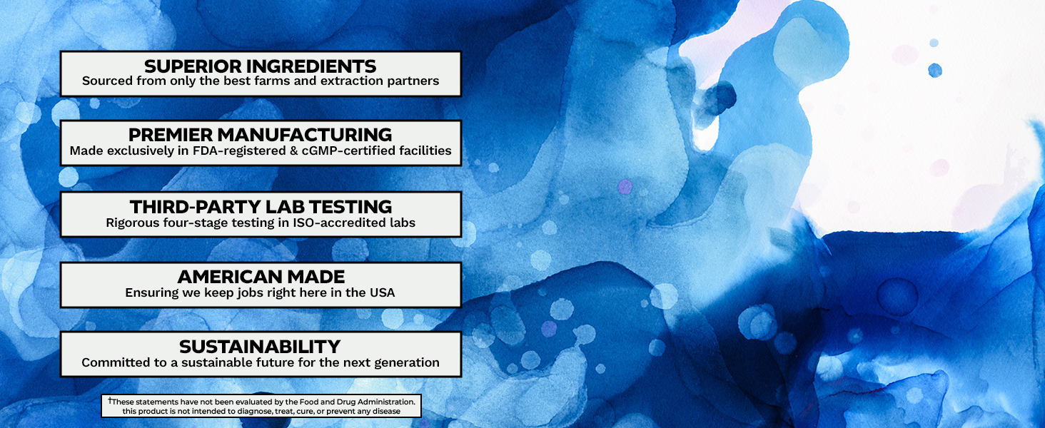 Nootropics Depot quality assurance infographic showcasing Superior Ingredients sourcing, Premier Manufacturing in FDA facilities, Third-Party Lab Testing, American Made commitment, and Sustainability pledge against blue watercolor backdrop