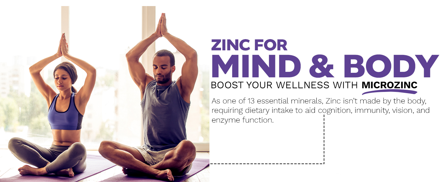 Two individuals in yoga poses seated on mats near a bright window, accompanied by text promoting MicroZinc for cognitive, immunity, and enzyme support.