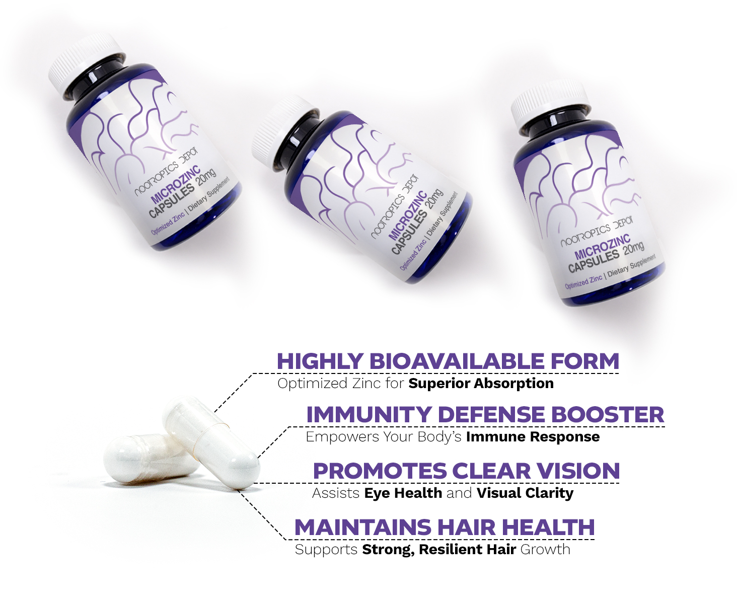 Three bottles of Nootropics Depot MicroZinc capsules alongside white capsules, highlighting benefits: superior absorption, immune support, eye health, and hair growth.