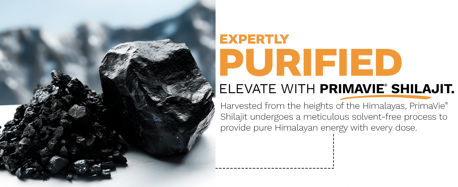 Expertly purified PrimaVie Shilajit resin and granules with Himalayan mountains in the background, highlighting pure energy supplement.