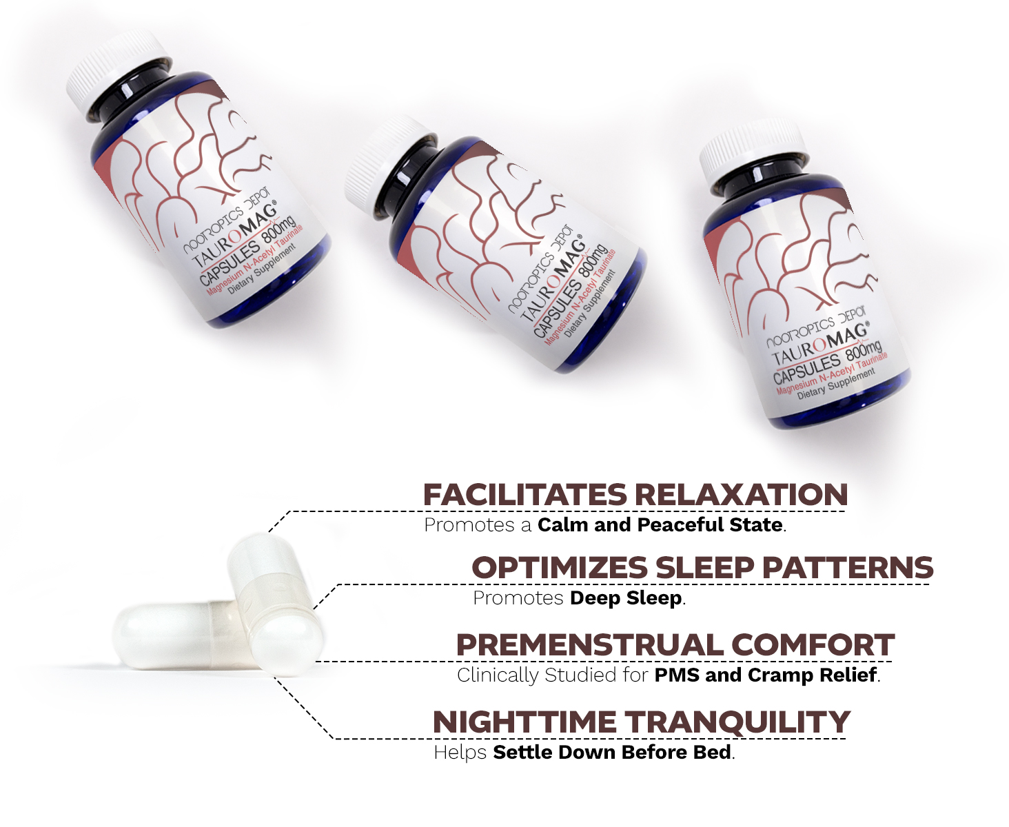 Three bottles of TauroMag 800mg magnesium N-acetyl taurinate capsules with benefits like relaxation, sleep optimization, PMS relief, and nighttime tranquility.