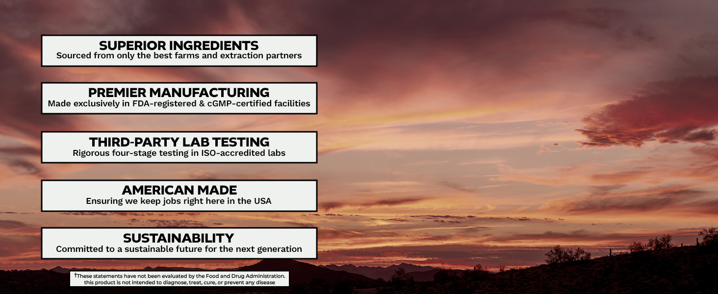 Sunset background with text highlighting TauroMag's superior ingredients, premier manufacturing, third-party lab testing, American-made production, and sustainability commitment.