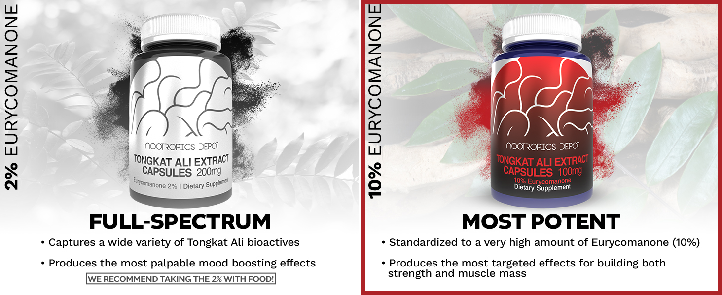 Comparison of Nootropics Depot Tongkat Ali Extract formulations: 200mg full-spectrum 2% for mood enhancement versus 100mg high-potency 10% for strength benefits