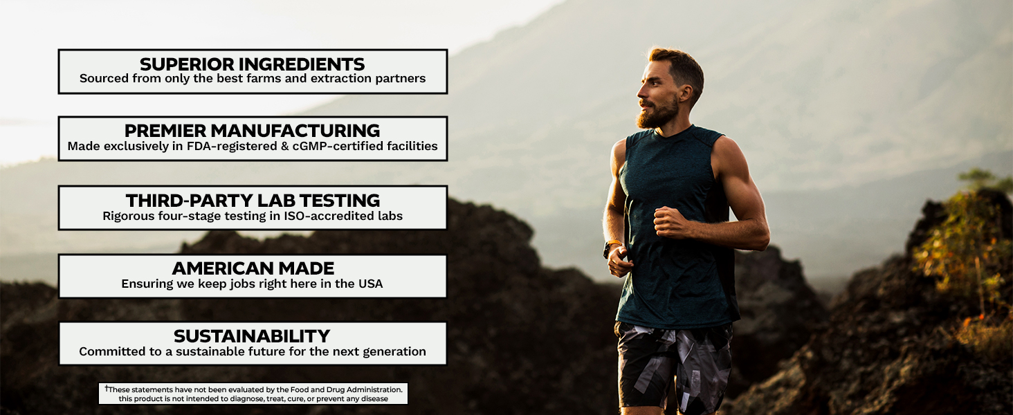 Athletic man running outdoors near rocky terrain with text highlighting Nootropics Depot's commitments to superior ingredients, premier manufacturing, third-party lab testing, American-made products, and sustainability.