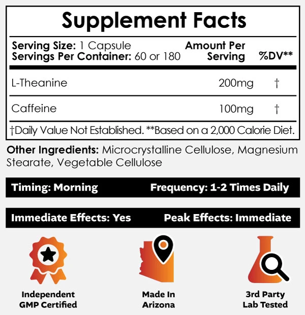 Nootropics Depot Caffeine + L-Theanine 100/200 supplement facts. Serving size 1 capsule, 60 or 180 servings, L-theanine 200 mg, caffeine 100 mg. Other ingredients microcrystalline cellulose, magnesium stearate, vegetable cellulose