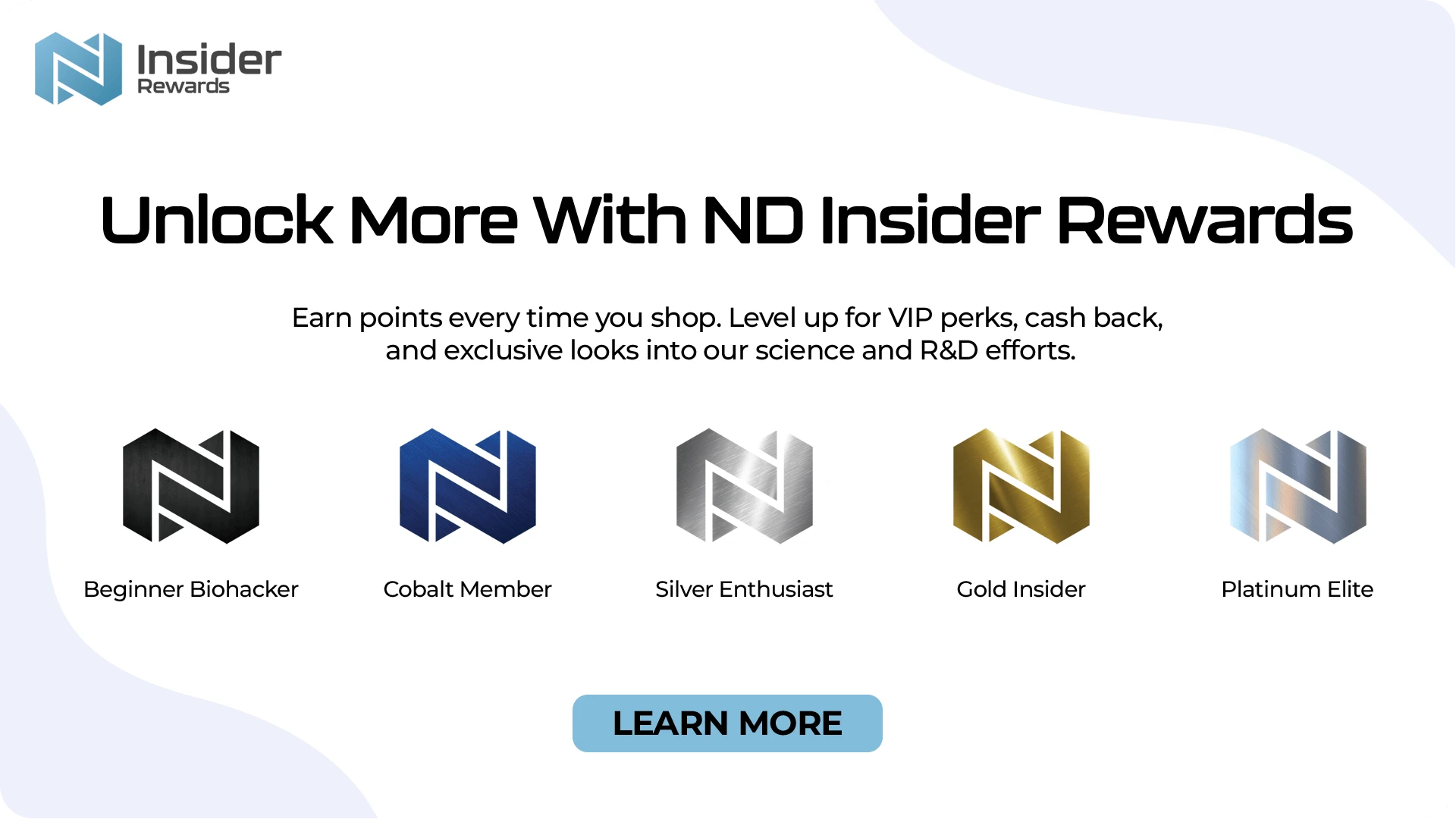 ND Insider Rewards banner showing program tiers: Beginner Biohacker, Cobalt Member, Silver Enthusiast, Gold Insider, Platinum Elite.
