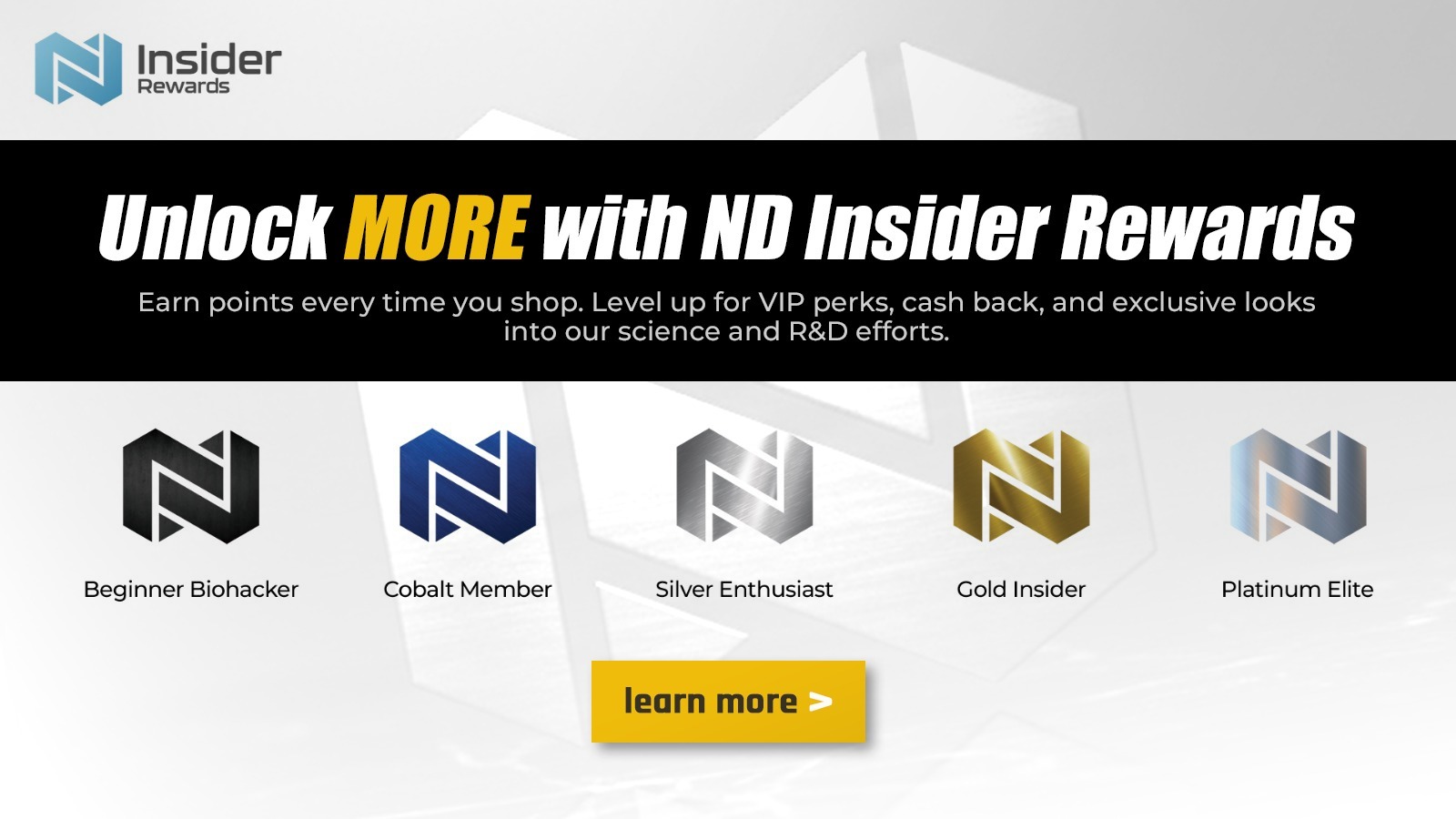 ND Insider Rewards banner showing program tiers: Beginner Biohacker, Cobalt Member, Silver Enthusiast, Gold Insider, Platinum Elite.