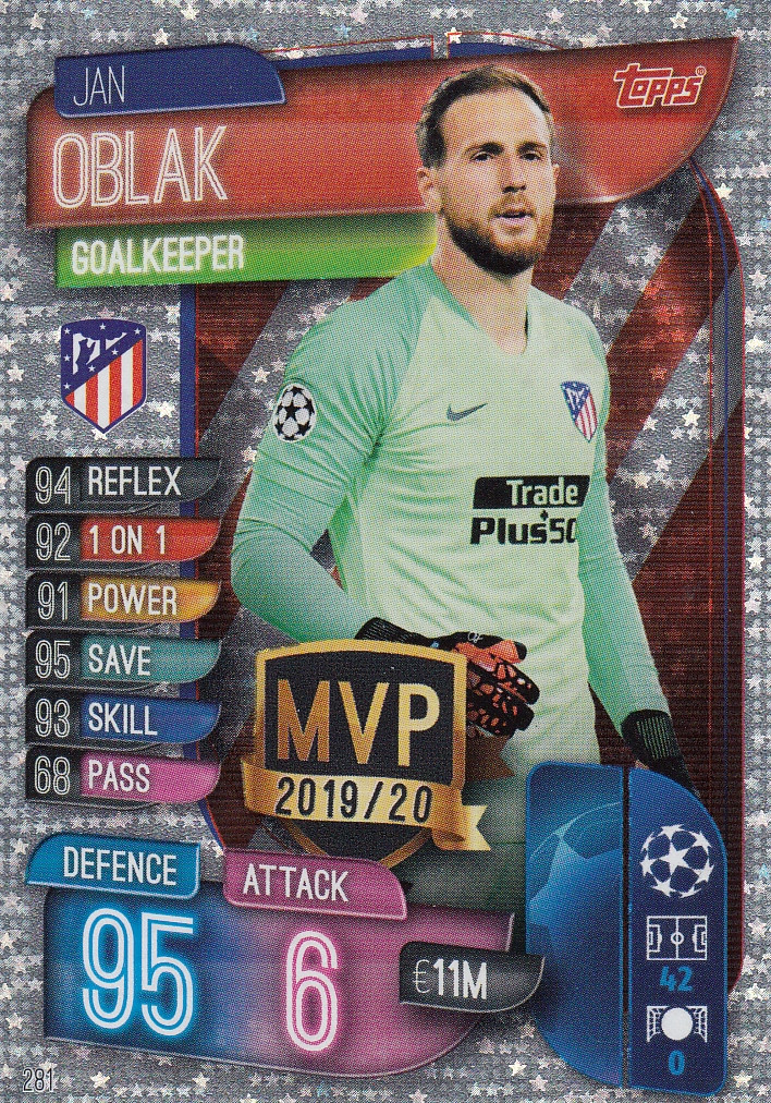 281 Jan Oblak (Atletico Madrid) MVP Topps Match Attax 2019/20