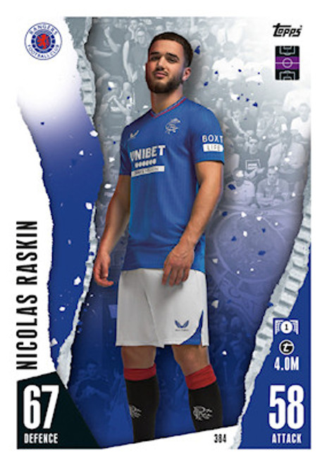 #384 Nicolas Raskin (Rangers) - Topps Match Attax 2023/24 #384 Nicolas Raskin (Rangers) - Topps Match Attax 2023/24