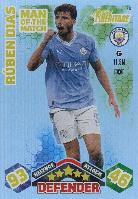 #312 Rúben Dias (Manchester City) - TOPPS HERITAGE MAN OF THE MATCH - Topps Match Attax Extra 2023/24