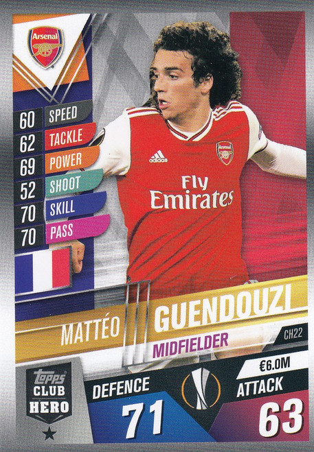 #CH22 Matteo Guendouzi (Arsenal FC) Match Attax 101 2019/20 CLUB HEROES