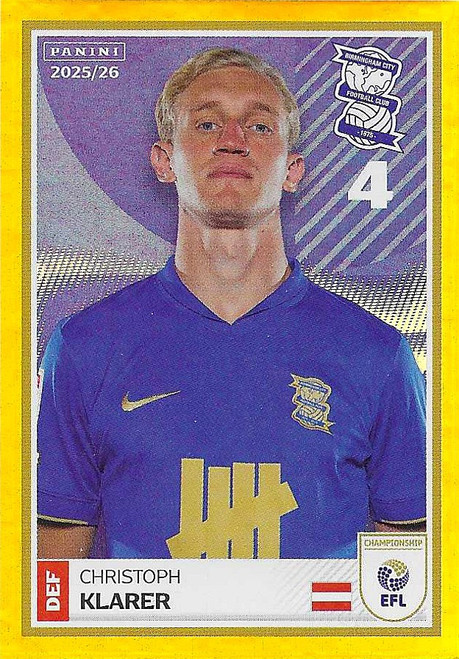 #021 Christoph Klarer (Birmingham City) - GOLD PARALLEL - Panini EFL 2025/26 - Sticker
