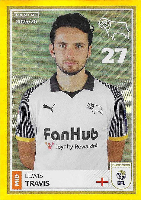#118 Lewis Travis (Derby County) - GOLD PARALLEL - Panini EFL 2025/26 - Sticker