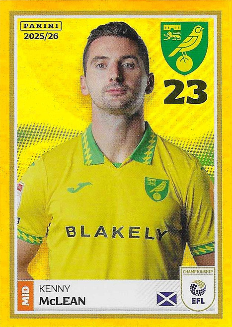 #229 Kenny McLean (Norwich City) - GOLD PARALLEL - Panini EFL 2025/26 - Sticker