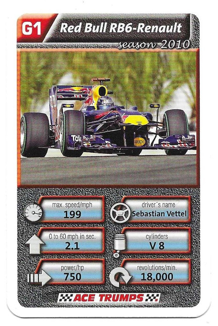 G1 - Sebastian Vettel (Red Bull) - Cartamundi Ace Trumps Racing Cars 2010 - ROOKIE CARD RC