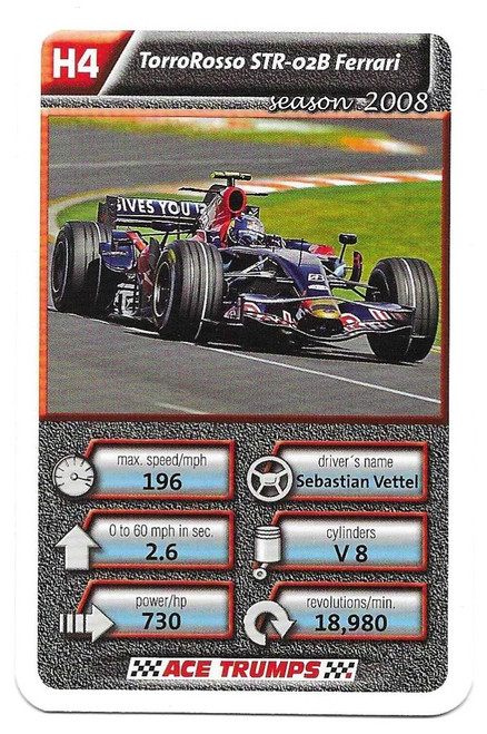 H4 - Sebastian Vettel (Toro Rosso) - Cartamundi Ace Trumps Racing Cars 2010 - ROOKIE CARD RC