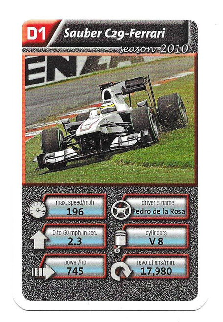 D1 - Pedro De La Rosa (Sauber) - Cartamundi Ace Trumps Racing Cars 2010 (WH SMITH)