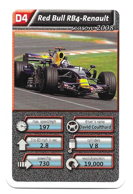 D4 - David Coulthard (Red Bull) - Cartamundi Ace Trumps Racing Cars 2010 (WH SMITH)