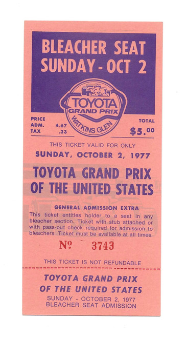 1977 US Grand Prix Ticket - Formula 1/F1