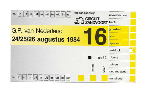1984 Dutch Grand Prix Ticket - Formula 1/F1