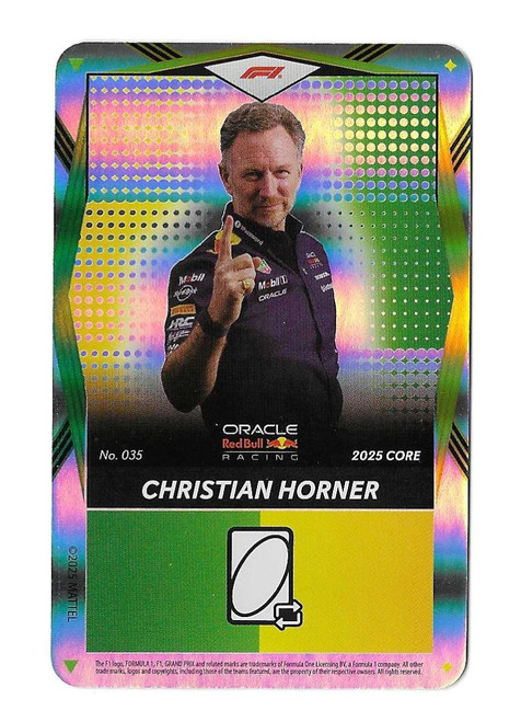 #035 Christian Horner (Red Bull) - GREEN & YELLOW FOIL PARALLEL - Mattel 2025 Core Edition UNO Elite F1/Formula 1