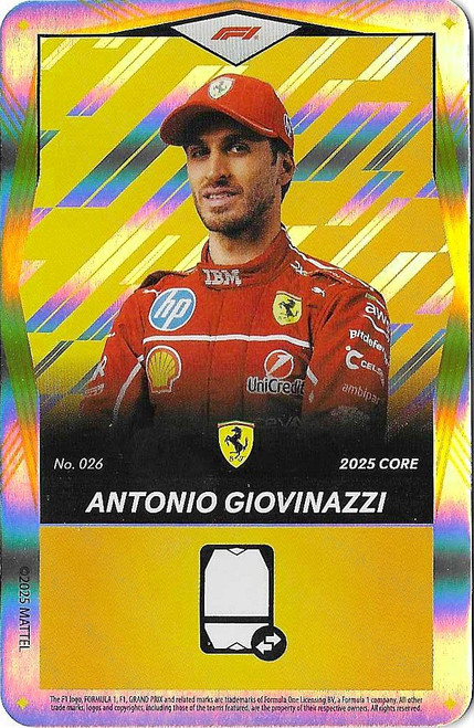 #026 Antonio Giovinazzi (Ferrari) - YELLOW FOIL PARALLEL - Mattel 2025 Core Edition UNO Elite F1/Formula 1