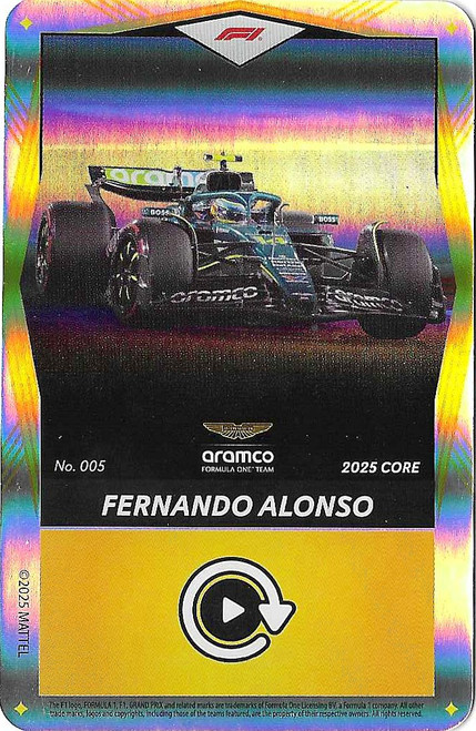 #005 Fernando Alonso (Aston Martin) - YELLOW FOIL PARALLEL - Mattel 2025 Core Edition UNO Elite F1/Formula 1