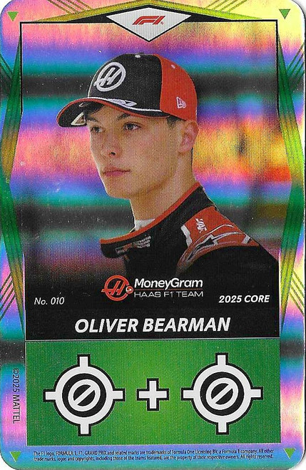 #010 Oliver Bearman (Haas) - GREEN FOIL PARALLEL - Mattel 2025 Core Edition UNO Elite F1/Formula 1
