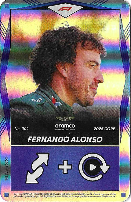 #004 Fernando Alonso (Aston Martin) - BLUE FOIL PARALLEL - Mattel 2025 Core Edition UNO Elite F1/Formula 1