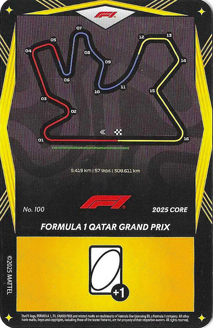 #100 Formula 1 Qatar Grand Prix - YELLOW BASE - Mattel 2025 Core Edition UNO Elite F1/Formula 1
