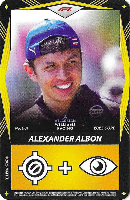 #001 Alexander Albon (Williams) - YELLOW BASE - Mattel 2025 Core Edition UNO Elite F1/Formula 1