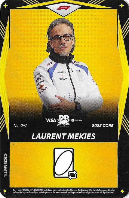#047 Laurent Mekies (Racing Bulls) - YELLOW BASE - Mattel 2025 Core Edition UNO Elite F1/Formula 1