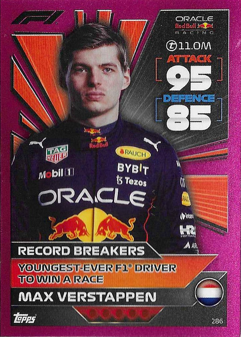 #286 Max Verstappen (Red Bull) - PINK PARALLEL (Record Breakers) - Topps Turbo Attax 2022 India Edition (Formula 1/F1)