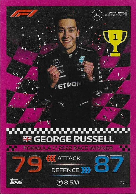 #271 George Russell (Mercedes) - PINK PARALLEL (2022 Race Winner) - Topps Turbo Attax 2023 India Edition (Formula 1/F1)