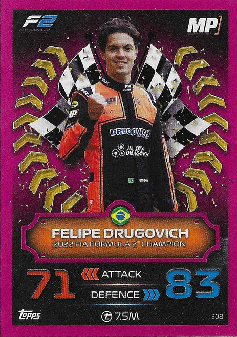 #308 Felipe Drugovich (MP) - PINK PARALLEL (Formula 3 Champion) - Topps Turbo Attax 2023 India Edition (Formula 1/F1)
