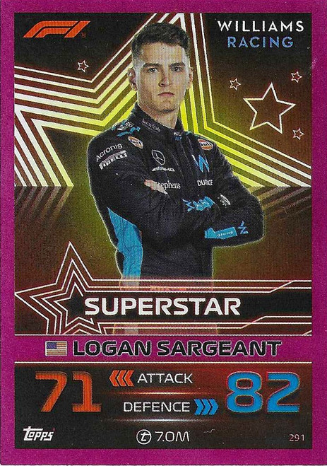 #291 Logan Sargeant (Williams) - PINK PARALLEL (Superstar) - Topps Turbo Attax 2023 India Edition (Formula 1/F1)