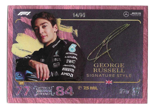 #027 George Russell (Mercedes) - PEACH PARALLEL 14/90 (Signature Style) - Topps Turbo Attax 2024 India Edition (Formula 1/F1)